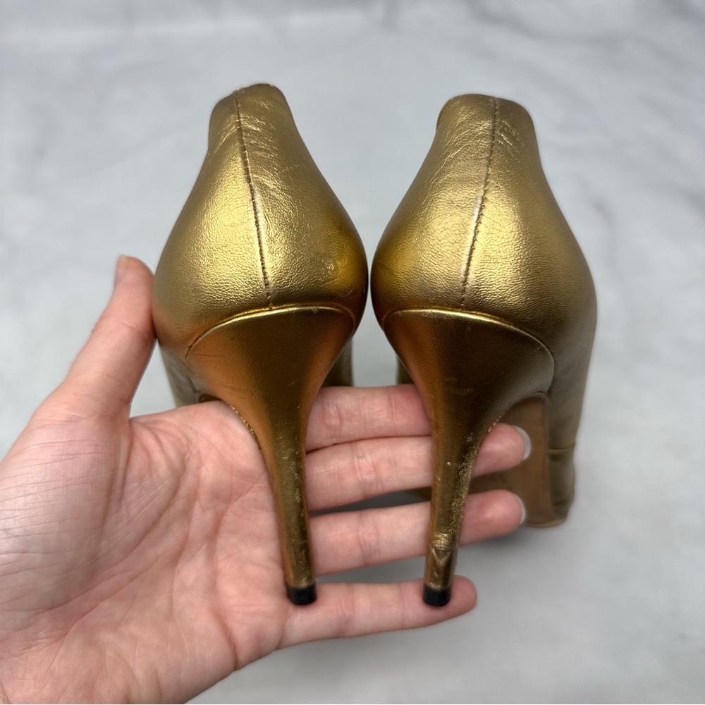 GUCCI Vintage Y2K Metallic Leather Knot Peep Toe Mid Height Pump Heels Gold 37.5 - Picture 9 of 16